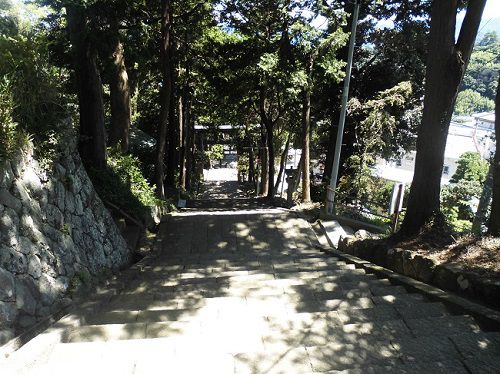伊豆山神社にて、上ってきた階段のほうを振り向いてみたところ