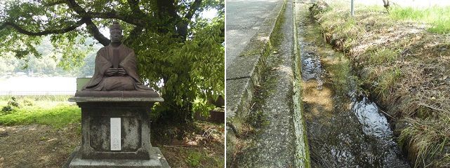 河津来宮神社にて、鈴木久五郎翁の像と参道脇にて透明感のあった小川の流れ