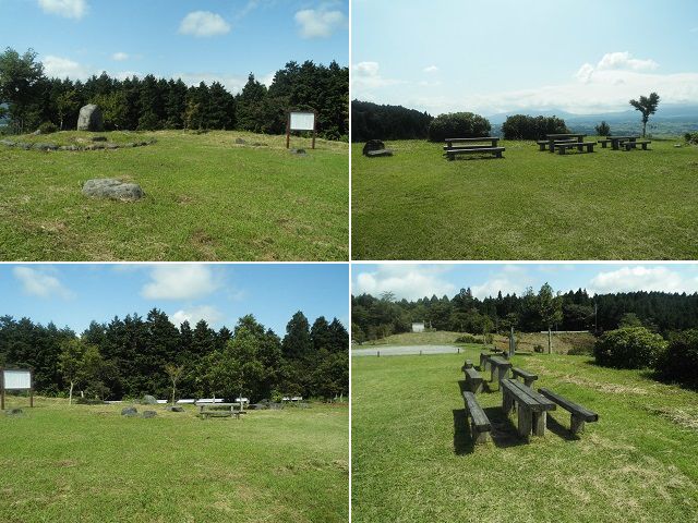 誓いの丘：木のベンチや新田次郎の石碑、そして、誓いの鐘のある広場風景