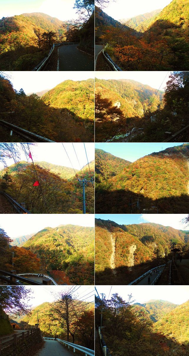 寸又峡（夢の吊り橋）の紅葉：山肌が色づいていた山々の紅葉景色を選んでお伝えしています
