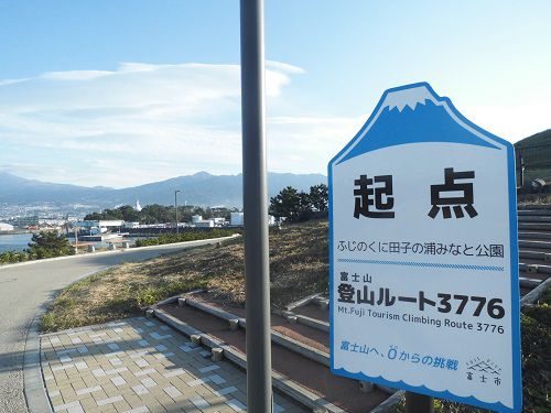 はじまりの鐘から徒歩圏内にある「富士山登山ルート３７７６」の看板