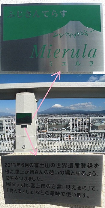 富士山ビュー：富士市役所、富士山（屋上のミエルラ看板）