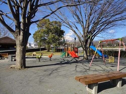 広見公園の遊具と木のベンチ