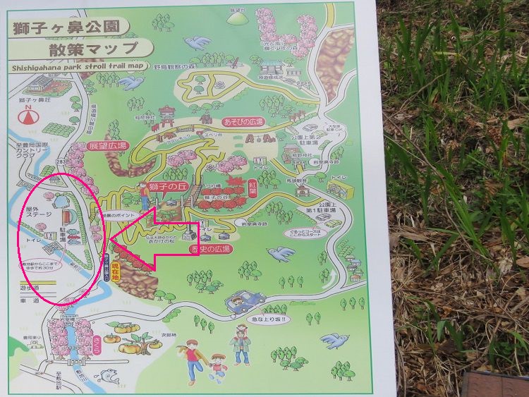 敷地川沿い、獅子ケ鼻公園の桜【磐田市】：現地案内図