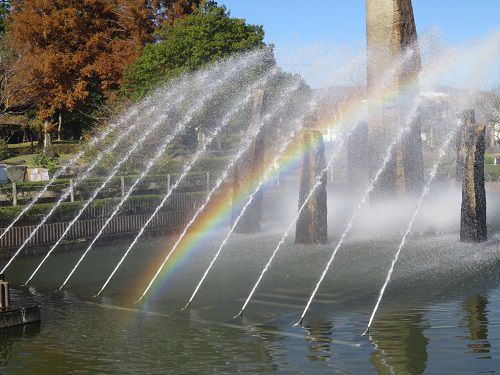 御殿場市中央公園、紅葉【御殿場市】：紅葉と噴水と虹