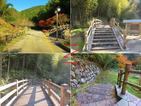つたの細道公園の紅葉：木和田川に架かる橋と道のり