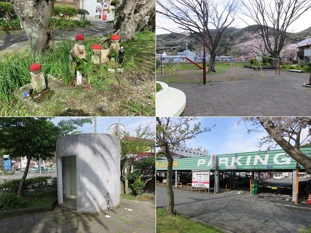本郷公園（稲生川沿い）の桜：本郷公園（稲生川沿い）の園内トイレ、そして、有料駐車場