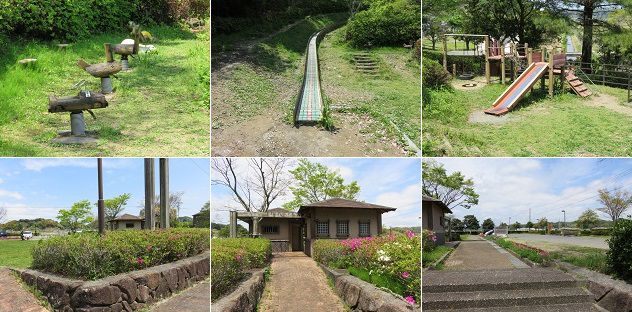 勝間田公園から徒歩圏内にある滑り台などの遊具、トイレ、駐車場の様子（ゆうゆうらんど）