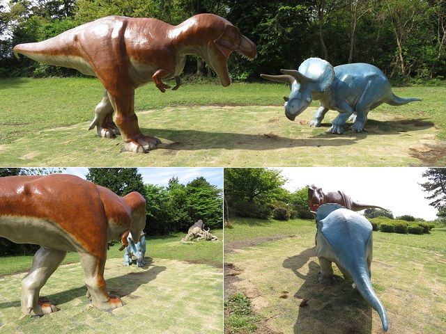 小室山公園でのティラノサウルスとトリケラトプスのモニュメント