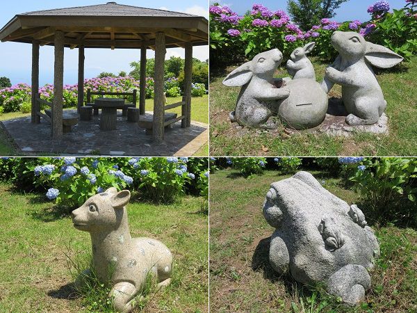 熱海日金山霊園のアジサイ：東屋（休憩所）、鹿やカエル、ウサギの石碑