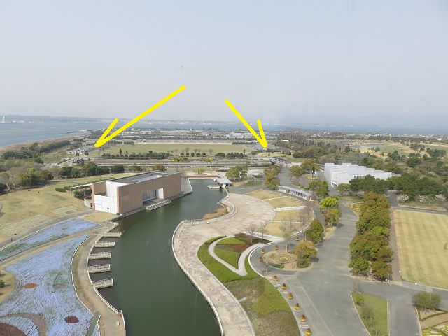 浜名湖ガーデンパークのネモフィラ：展望塔から眺めた駐車場（矢印で示しています）