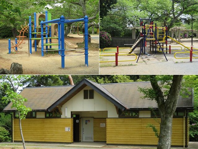 磐田市つつじ公園の園内遊具（滑り台やブランコなど）と園内トイレ