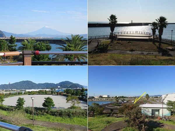 焼津漁港親水広場「ふぃしゅーな」の展望場所から望んだ「富士山」、「ステージ」、「広場」、「駐車場（矢印の場所）」