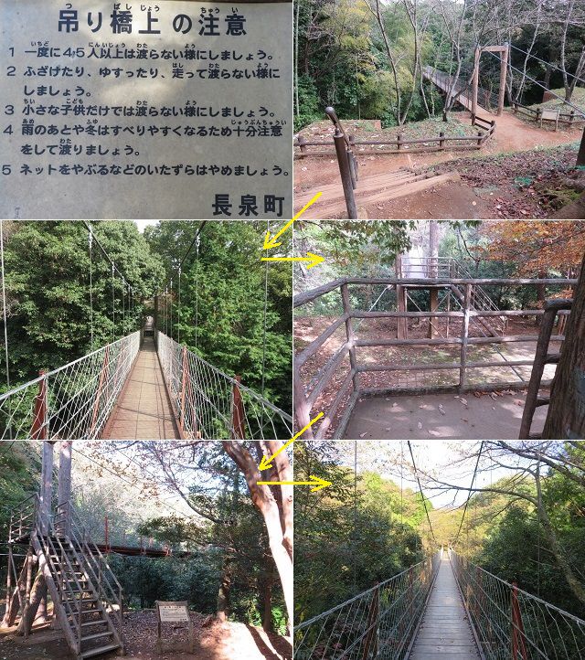 駿河平自然公園の吊り橋上の注意板と吊り橋の様子をまとめています