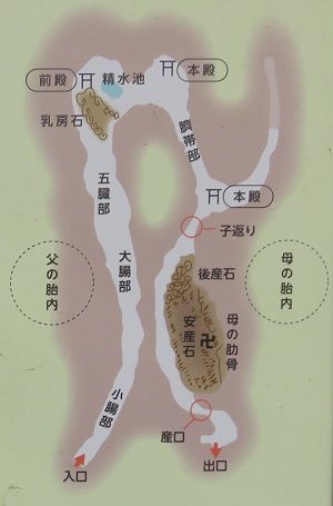 富士山御胎内清宏園の印野の熔岩隧道「御胎内」内部の案内図