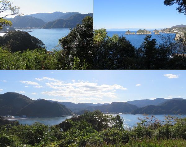 安城岬と亀甲岩への道のり紹介にて、山々や海景色を望むポイント
