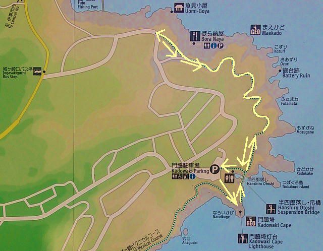 城ヶ崎海岸の現地案内図（歩いたルートを矢印で示しています）