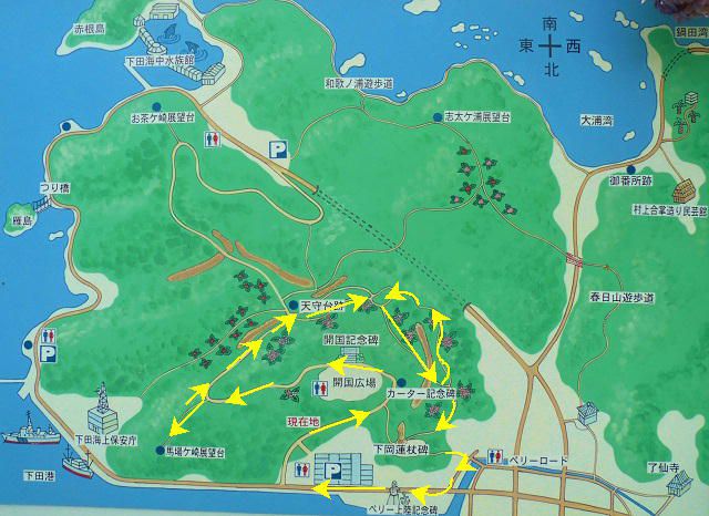 下田公園のアジサイ：園内案内図（歩いたルートを示しています）