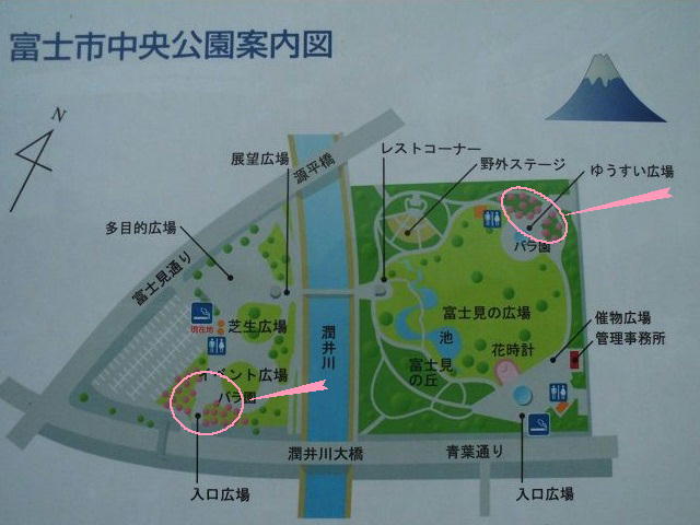 富士市中央公園のバラ園：園内案内図（バラ園の箇所を示しています）